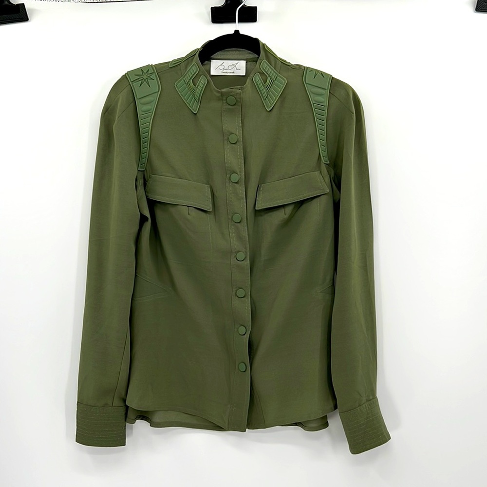 Byron Lars Beauty Mark Military Button Down Semi-Sheer Blouse - Military Green 4